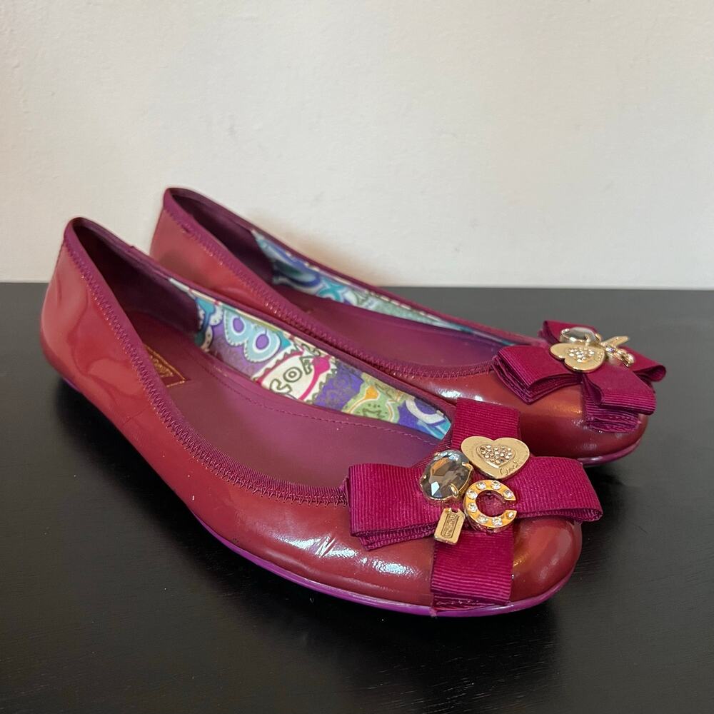 Coach Poppy Caper Fuschia Deep Pink Ballet Flats Embellished Charms & Bow 10B